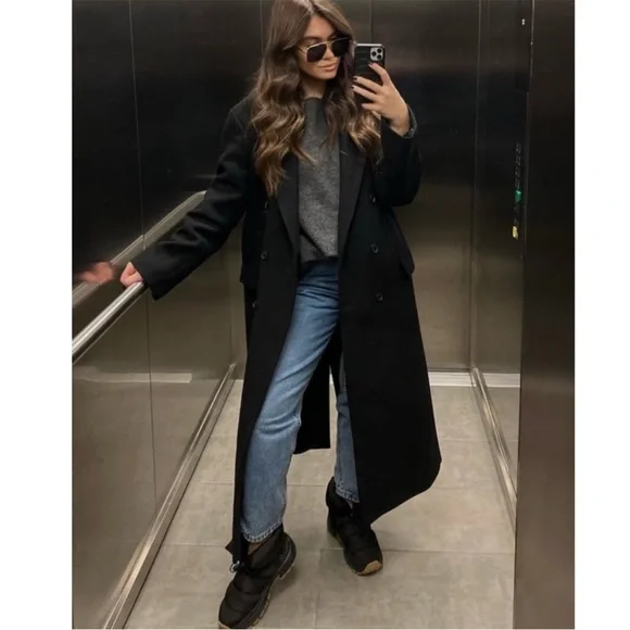 Zara Long wool blend Black Double-Breasted Coat - Picture 3 of 12